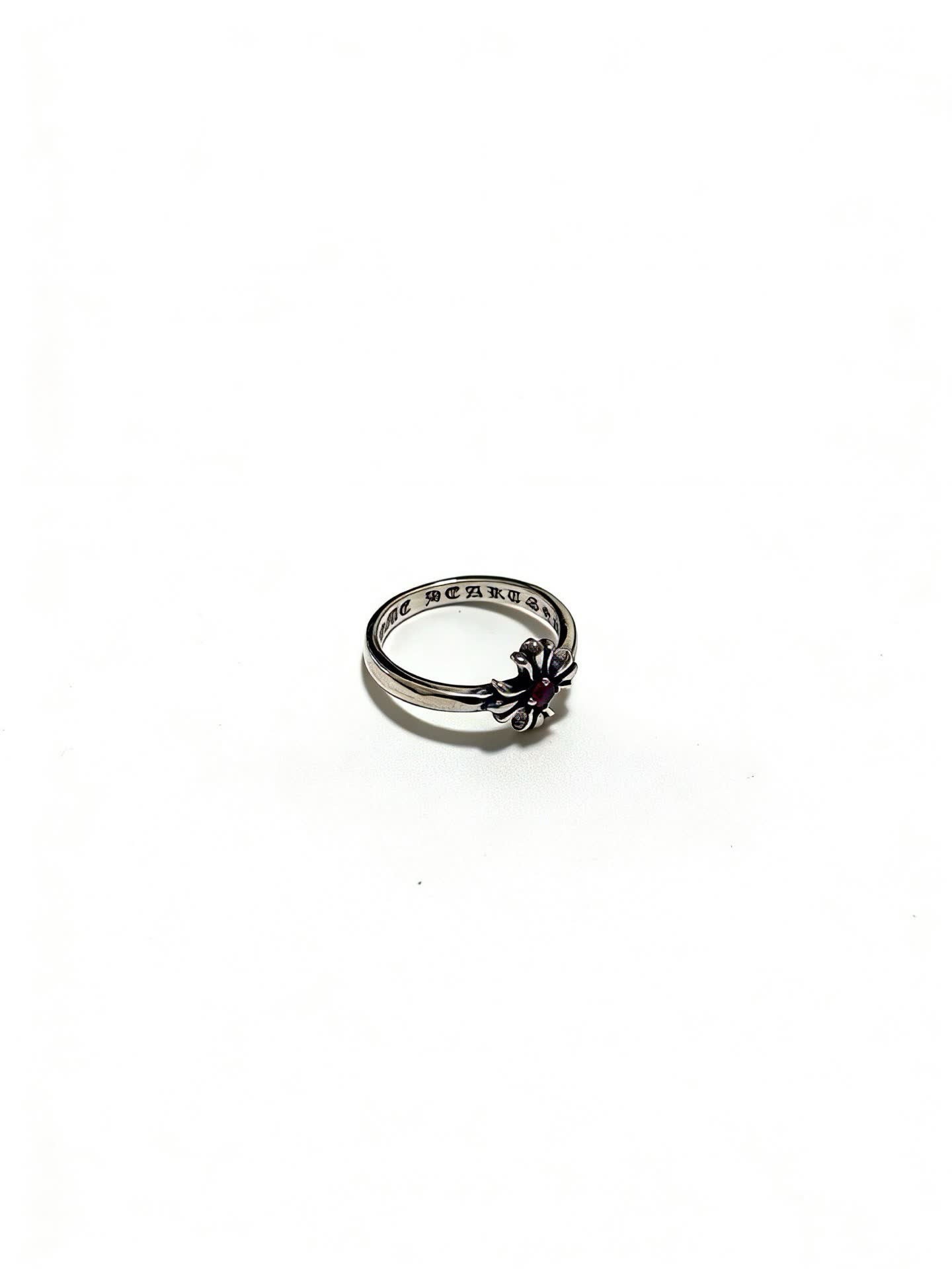 Chrome Hearts Silver Flower Ring with Red Gemstone